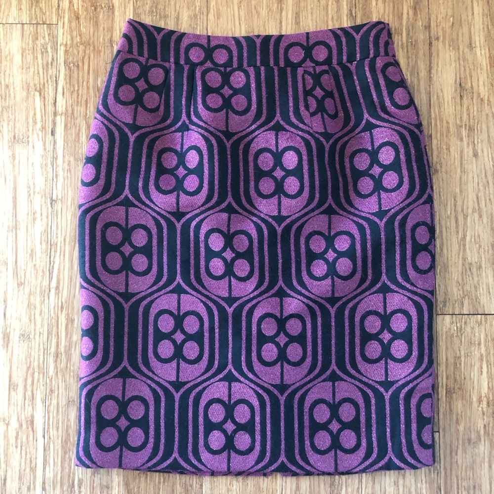 Trina Turk wool blend skirt in plum with navy blue geometric pattern